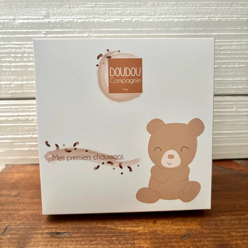 DOUDOU Compagnie Paris Baby Brown Bear Booties Plush Rattle Slippers Shoes 0-6M